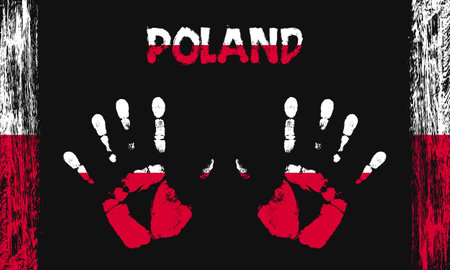 Vector flag of Poland in the form of peaceful palms with text and brush strokes on a black background.のイラスト素材