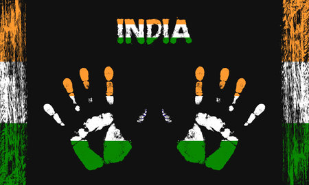 Vector flag of India in the form of peaceful palms with text and brush strokes on a black background.のイラスト素材
