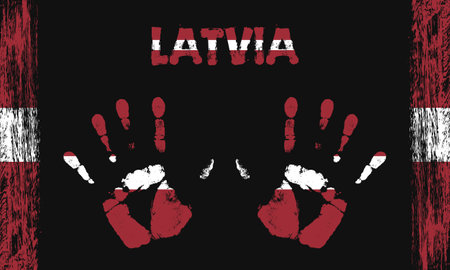 Vector flag of Latvia in the form of peaceful palms with text and brush strokes on a black background.のイラスト素材
