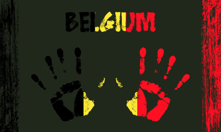 Vector flag of Belgium in the form of peaceful palms with text and brush strokes on a black background.のイラスト素材