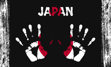 Vector flag of Japan in the form of peaceful palms with text and brush strokes on a black background.のイラスト素材