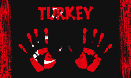 Vector flag of Turkey in the form of peaceful palms with text and brush strokes on a black background.のイラスト素材