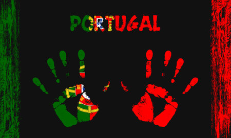 Vector flag of Portugal in the form of peaceful palms with text and brush strokes on a black background.のイラスト素材