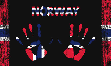 Vector flag of Norway in the form of peaceful palms with text and brush strokes on a black background.のイラスト素材