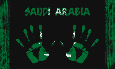 Vector flag of Saudi Arabia in the form of peaceful palms with text and brush strokes on a black background.のイラスト素材