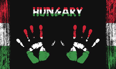 Vector flag of Hungary in the form of peaceful palms with text and brush strokes on a black background.のイラスト素材