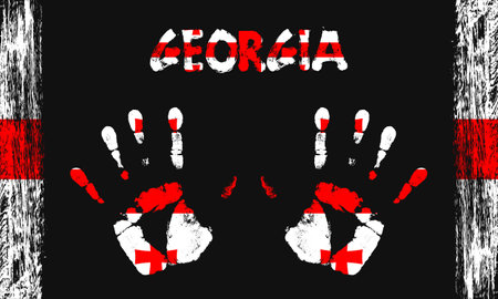 Vector flag of Georgia in the form of peaceful palms with text and brush strokes on a black background.のイラスト素材