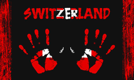 Vector flag of Switzerland in the form of peaceful palms with text and brush strokes on a black background.のイラスト素材