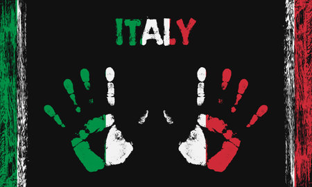 Vector flag of Italy in the form of peaceful palms with text and brush strokes on a black background.のイラスト素材