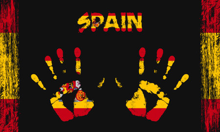 Vector flag of Spain in the form of peaceful palms with text and brush strokes on a black background.のイラスト素材
