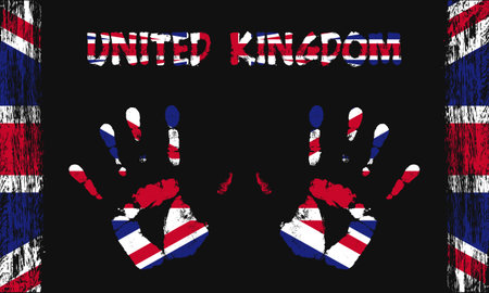 Vector flag of United Kingdom in the form of peaceful palms with text and brush strokes on a black background.のイラスト素材