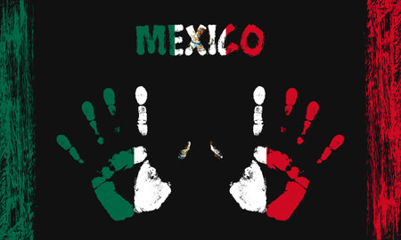 Vector flag of Mexico in the form of peaceful palms with text and brush strokes on a black background.のイラスト素材