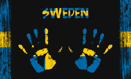Vector flag of Sweden in the form of peaceful palms with text and brush strokes on a black background.のイラスト素材