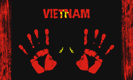 Vector flag of Vietnam in the form of peaceful palms with text and brush strokes on a black background.のイラスト素材