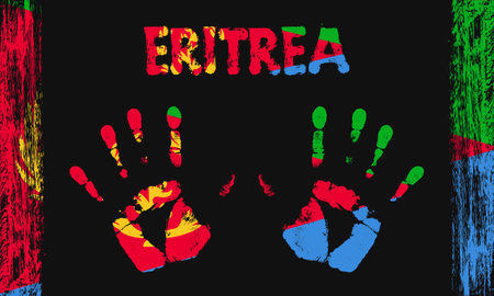 Vector flag of Eritrea in the form of peaceful palms with text and brush strokes on a black background.のイラスト素材