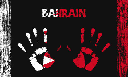 Vector flag of Bahrain in the form of peaceful palms with text and brush strokes on a black background.のイラスト素材