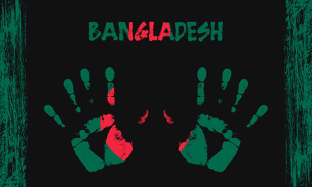 Vector flag of Bangladesh in the form of peaceful palms with text and brush strokes on a black background.のイラスト素材