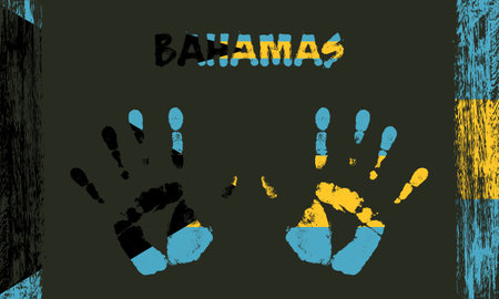Vector flag of Bahamas in the form of peaceful palms with text and brush strokes on a black background.のイラスト素材