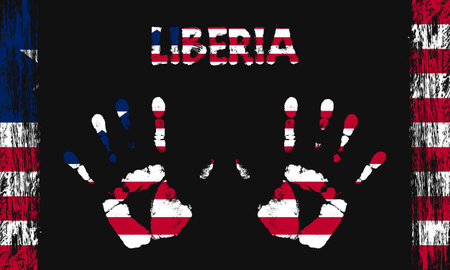 Vector flag of Liberia in the form of peaceful palms with text and brush strokes on a black background.のイラスト素材