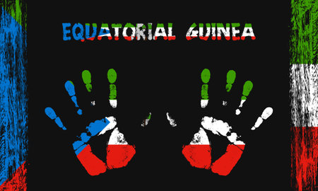 Vector flag of Equatorial Guinea in the form of peaceful palms with text and brush strokes on a black background.のイラスト素材