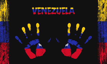 Vector flag of Venezuela in the form of peaceful palms with text and brush strokes on a black background.のイラスト素材