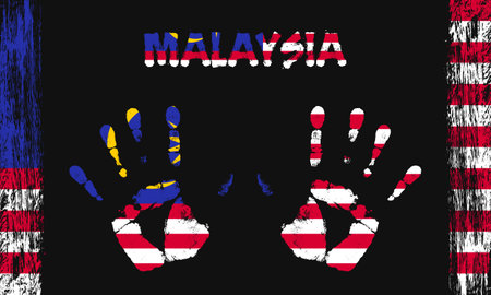 Vector flag of Malaysia in the form of peaceful palms with text and brush strokes on a black background.のイラスト素材