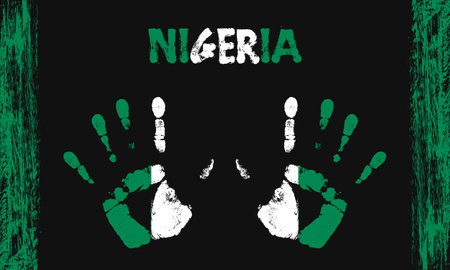 Vector flag of Nigeria in the form of peaceful palms with text and brush strokes on a black background.のイラスト素材