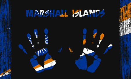 Vector flag of Marshall Islands in the form of peaceful palms with text and brush strokes on a black background.のイラスト素材