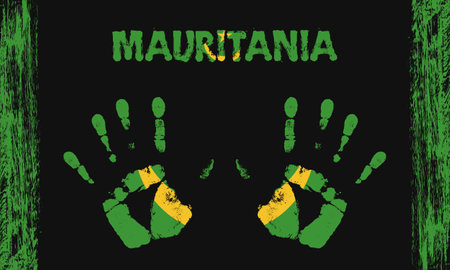 Vector flag of Mauritania Islands in the form of peaceful palms with text and brush strokes on a black background.のイラスト素材