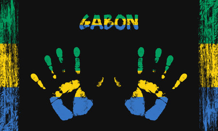 Vector flag of Gabon in the form of peaceful palms with text and brush strokes on a black background.のイラスト素材