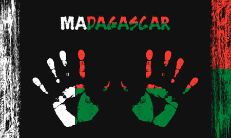 Vector flag of Madagascar in the form of peaceful palms with text and brush strokes on a black background.のイラスト素材