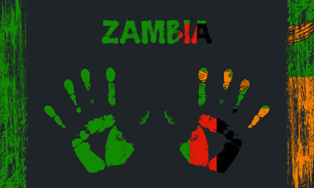 Vector flag of Zambia in the form of peaceful palms with text and brush strokes on a black background.のイラスト素材