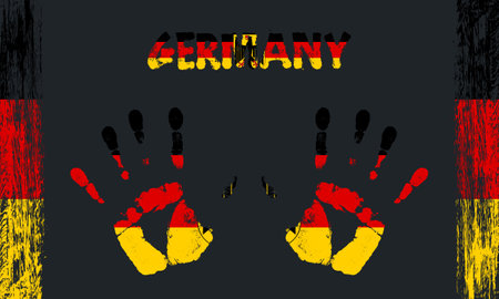 Vector flag of Germany in the form of peaceful palms with text and brush strokes on a black background.のイラスト素材