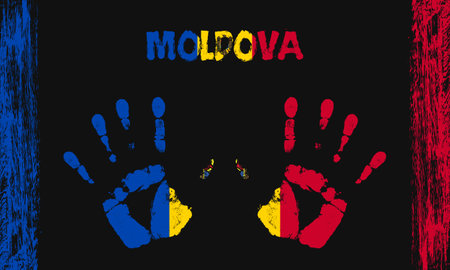Vector flag of Moldova in the form of peaceful palms with text and brush strokes on a black background.のイラスト素材