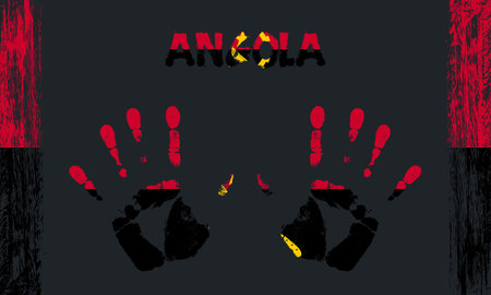 Vector flag of Angola in the form of peaceful palms with text and brush strokes on a black background.のイラスト素材