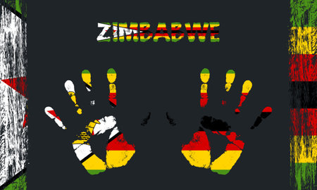 Vector flag of Zimbabwe in the form of peaceful palms with text and brush strokes on a black background.のイラスト素材
