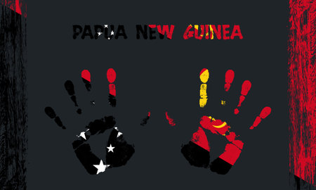 Vector flag of Papua New Guinea in the form of peaceful palms with text and brush strokes on a black background.のイラスト素材