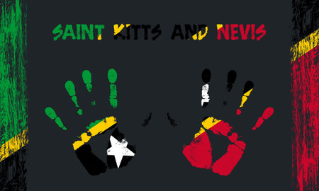 Vector flag of Saint Kitts and Nevis in the form of peaceful palms with text and brush strokes on a black background.のイラスト素材