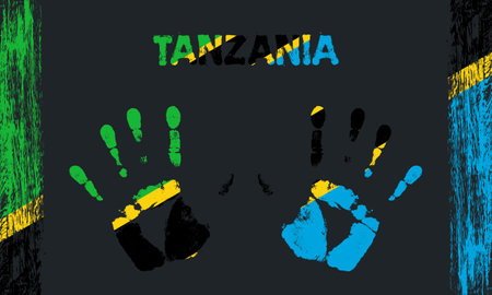 Vector flag of Tanzania in the form of peaceful palms with text and brush strokes on a black background.のイラスト素材