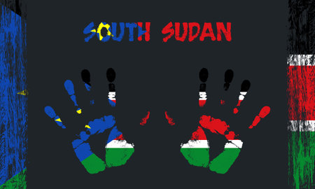 Vector flag of South Sudan in the form of peaceful palms with text and brush strokes on a black background.のイラスト素材