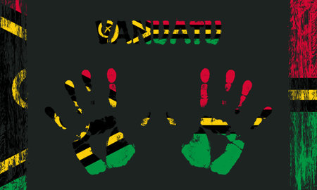 Vector flag of Vanuatu in the form of peaceful palms with text and brush strokes on a black background.のイラスト素材