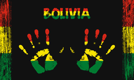 Vector flag of Bolivia in the form of peaceful palms with text and brush strokes on a black background.のイラスト素材