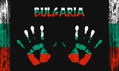 Vector flag of Bulgaria in the form of peaceful palms with text and brush strokes on a black background.のイラスト素材