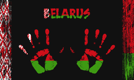 Vector flag of Belarus in the form of peaceful palms with text and brush strokes on a black background.のイラスト素材