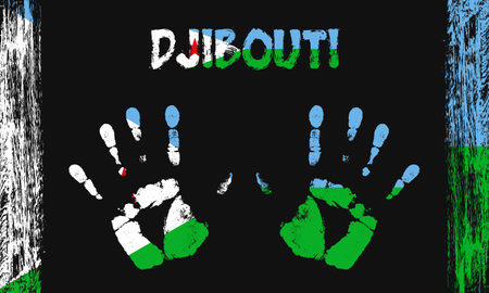 Vector flag of Djibouti in the form of peaceful palms with text and brush strokes on a black background.のイラスト素材