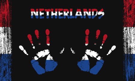 Vector flag of Netherlands in the form of peaceful palms with text and brush strokes on a black background.のイラスト素材