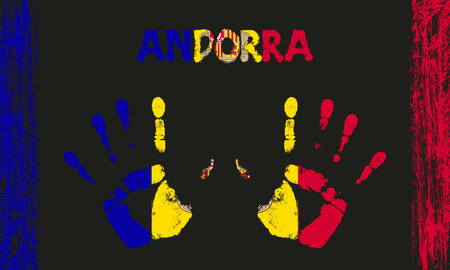 Vector flag of Andorra in the form of peaceful palms with text and brush strokes on a black background.のイラスト素材