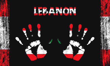 Vector flag of Lebanon in the form of peaceful palms with text and brush strokes on a black background.のイラスト素材