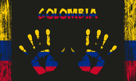 Vector flag of Colombia in the form of peaceful palms with text and brush strokes on a black background.のイラスト素材