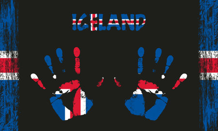 Vector flag of Iceland in the form of peaceful palms with text and brush strokes on a black background.のイラスト素材